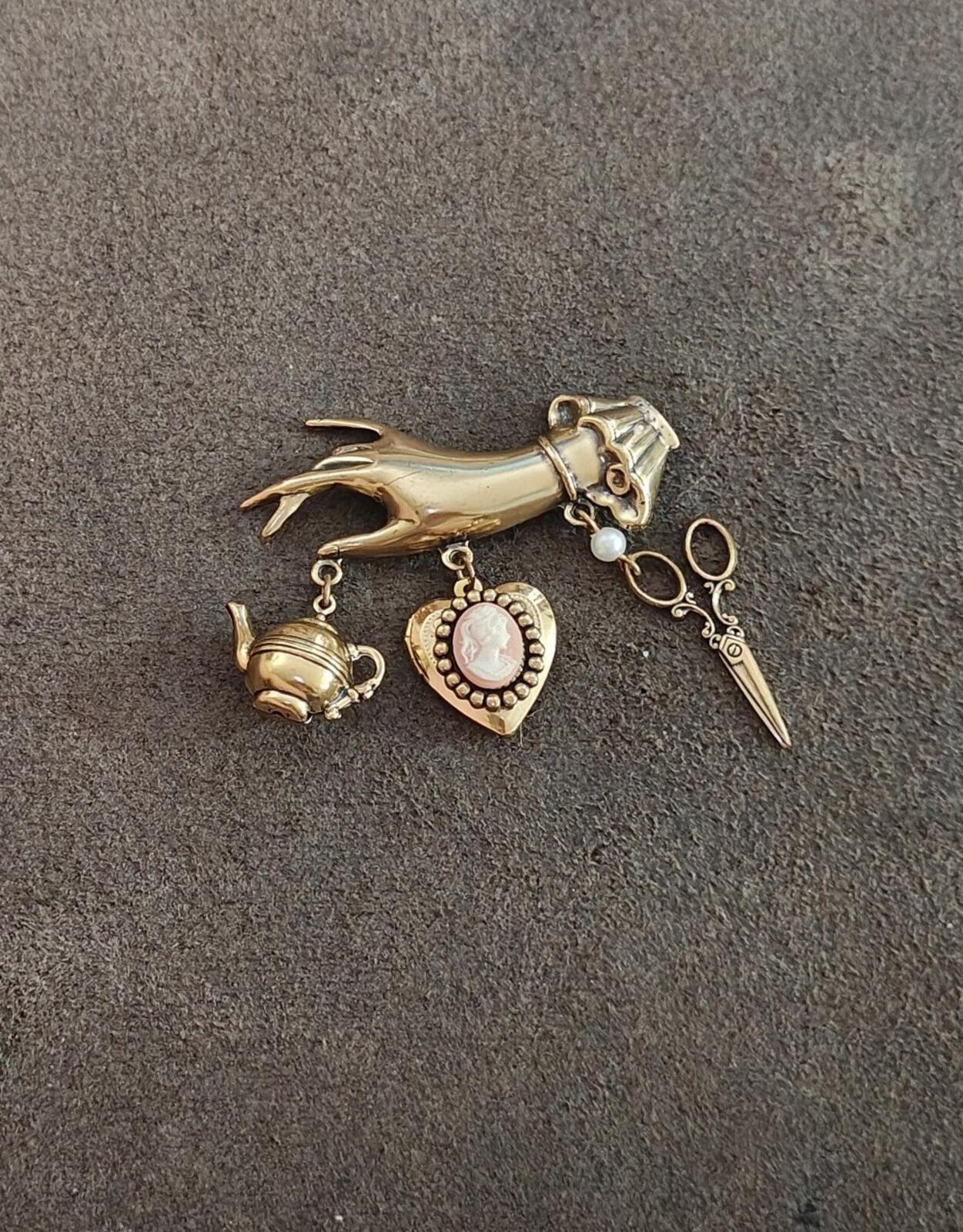 1980s/90s Victorian Style Chatelaine Inspired  Gold Tone Charm Dangle Brooch