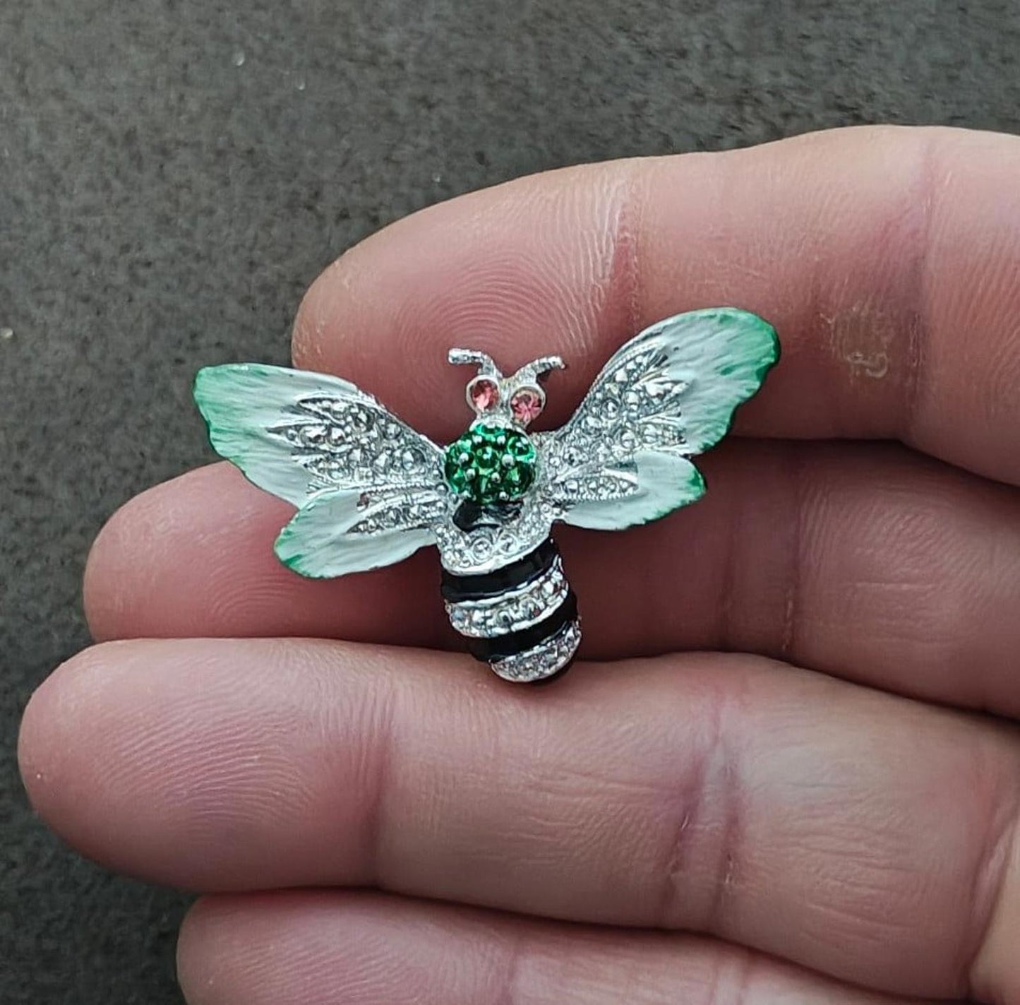 1980s Silver Tone Bumblebee With Pink Rhinestone Eyes Enamel Brooch Pin