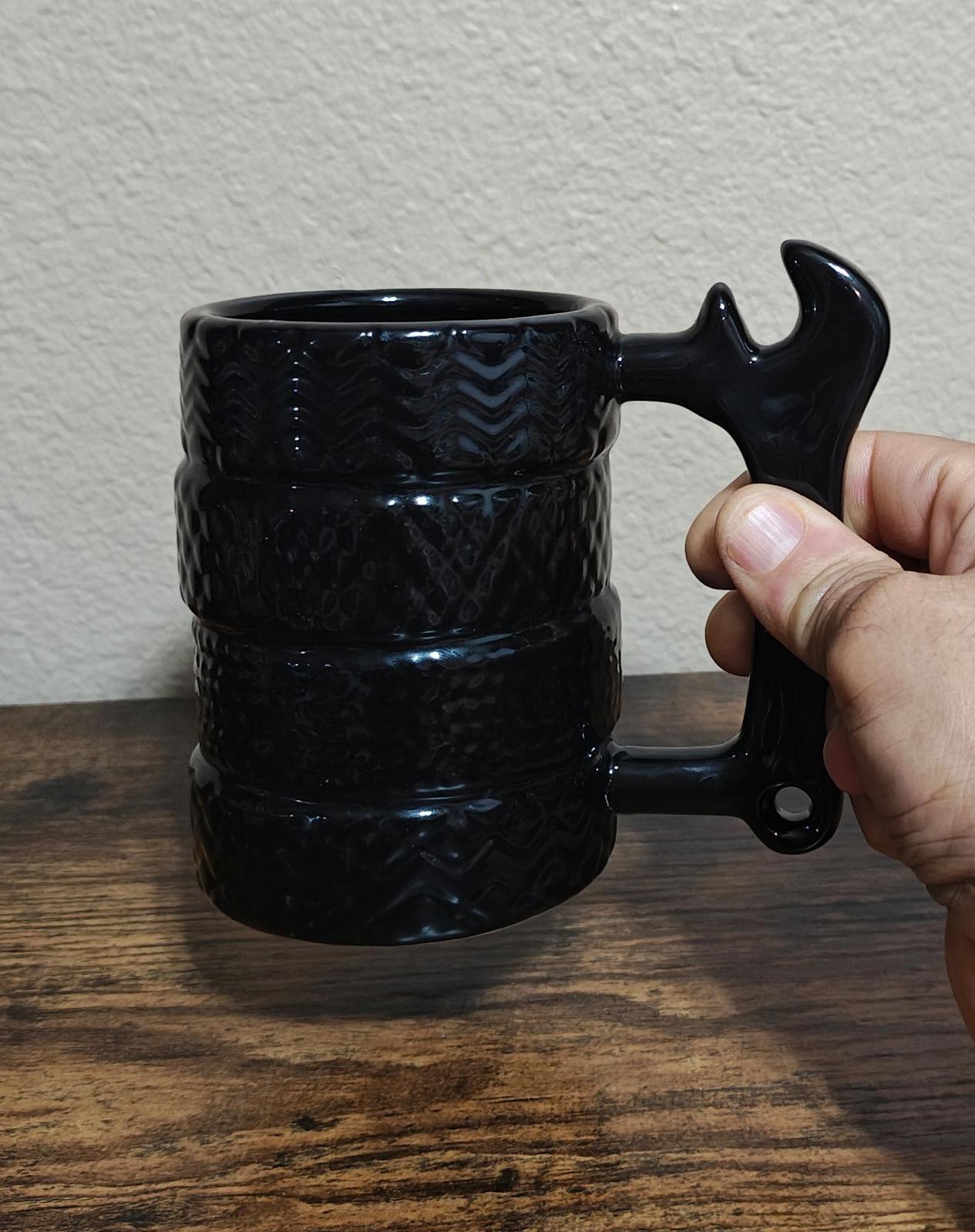 1990's Textured Black Ceramic Glaze Wrench Handle Mug