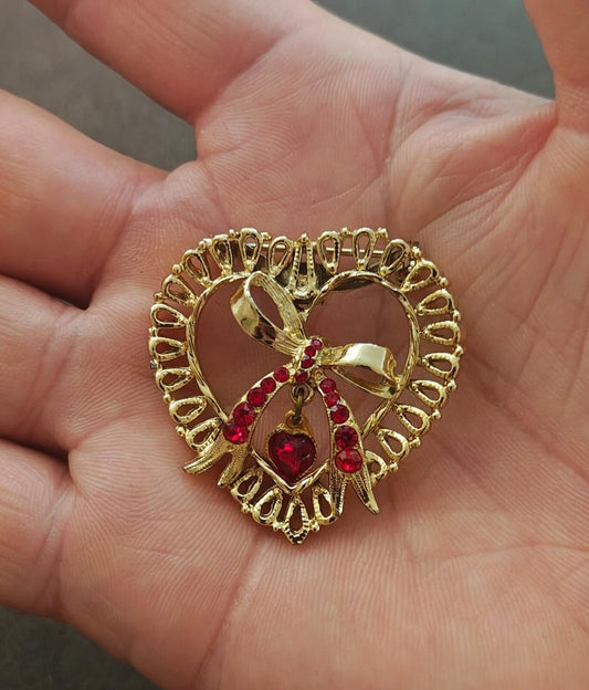1980s  Gold Tone With Red Rhinestone Accents & a Dangling Center Heart Brooch