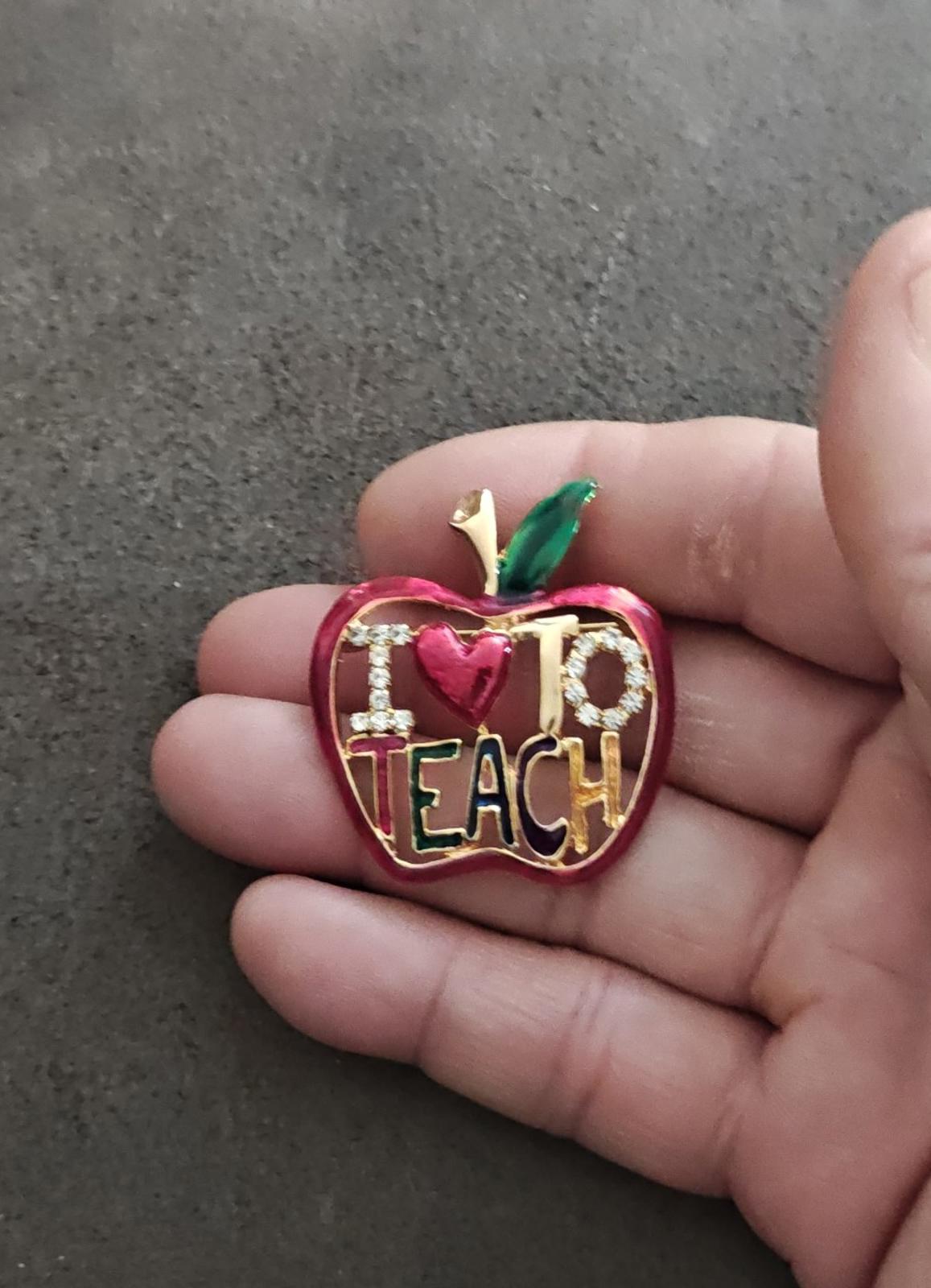 1980s "I Love To Teach" Apple Gold Tone With Rhinestones Enamel Brooch