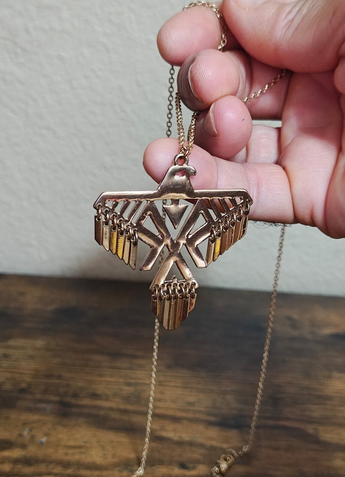 1980s Native American Inspired Geometric Thunderbird Gold Tone Pendant Necklace