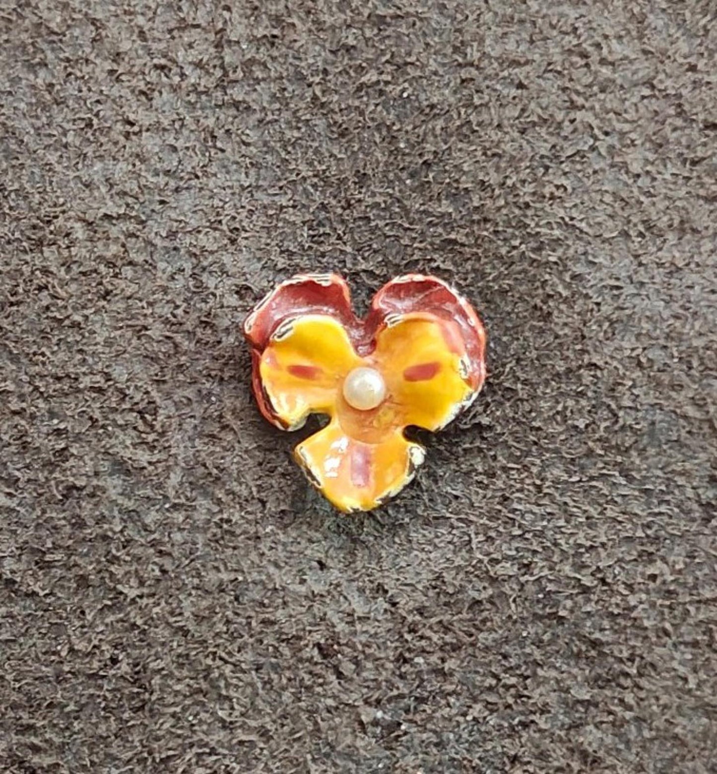 1990s Vintage Orange And Maroon Enamel Small Pansy Brooch With Faux Pearl