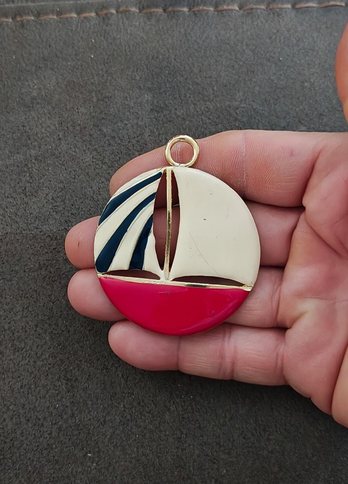 1960's Large Nautical Sailboat Gold Tone Enamel Pendant