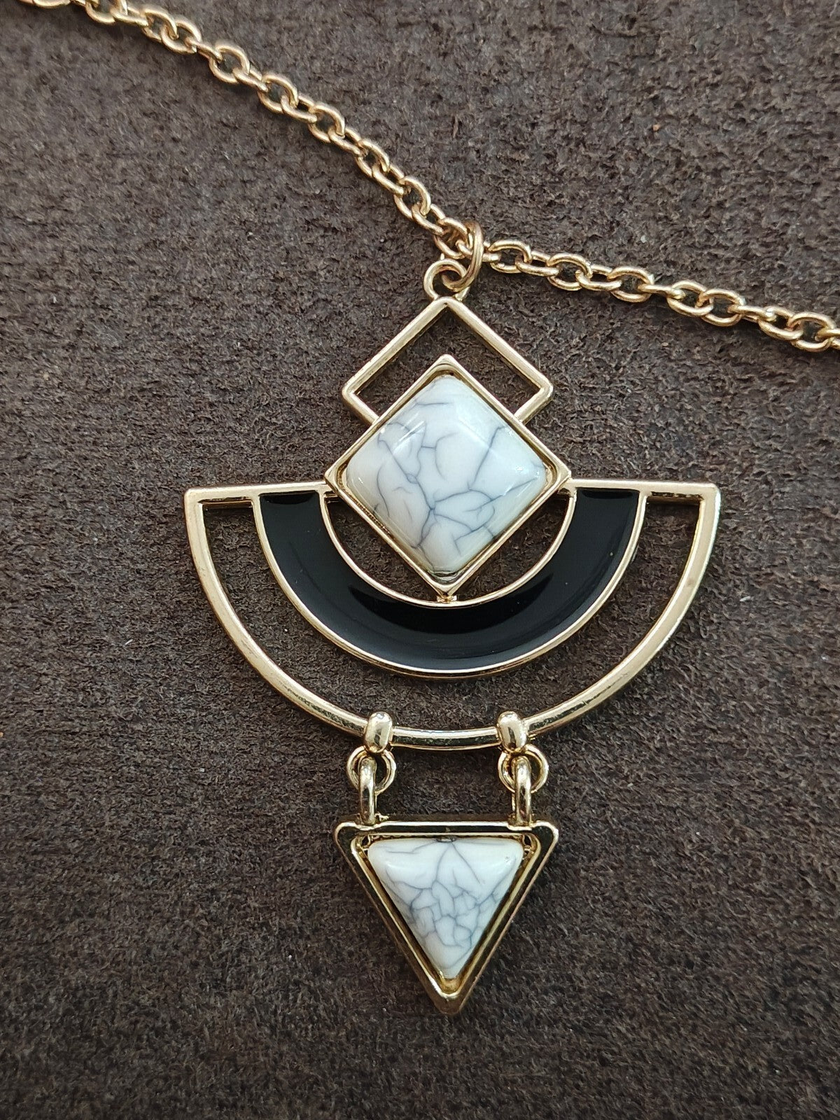 Modern Geometric Abstract Gemmed Gold Tone Pendant Necklace