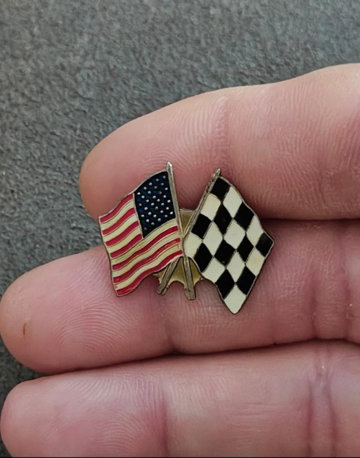 1980's American Flag and Checkered Flag Gold Tone Pin