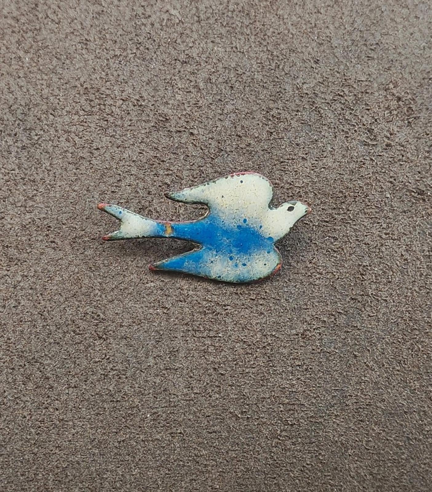 1970s Blue and White Enamel on Copper Decorative Bird Brooch