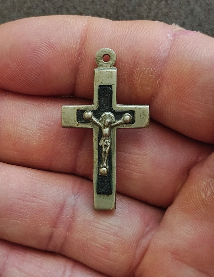1930s Art Deco French Catholic Pectoral Crucifix With Ebony Wood Inlay Pendant
