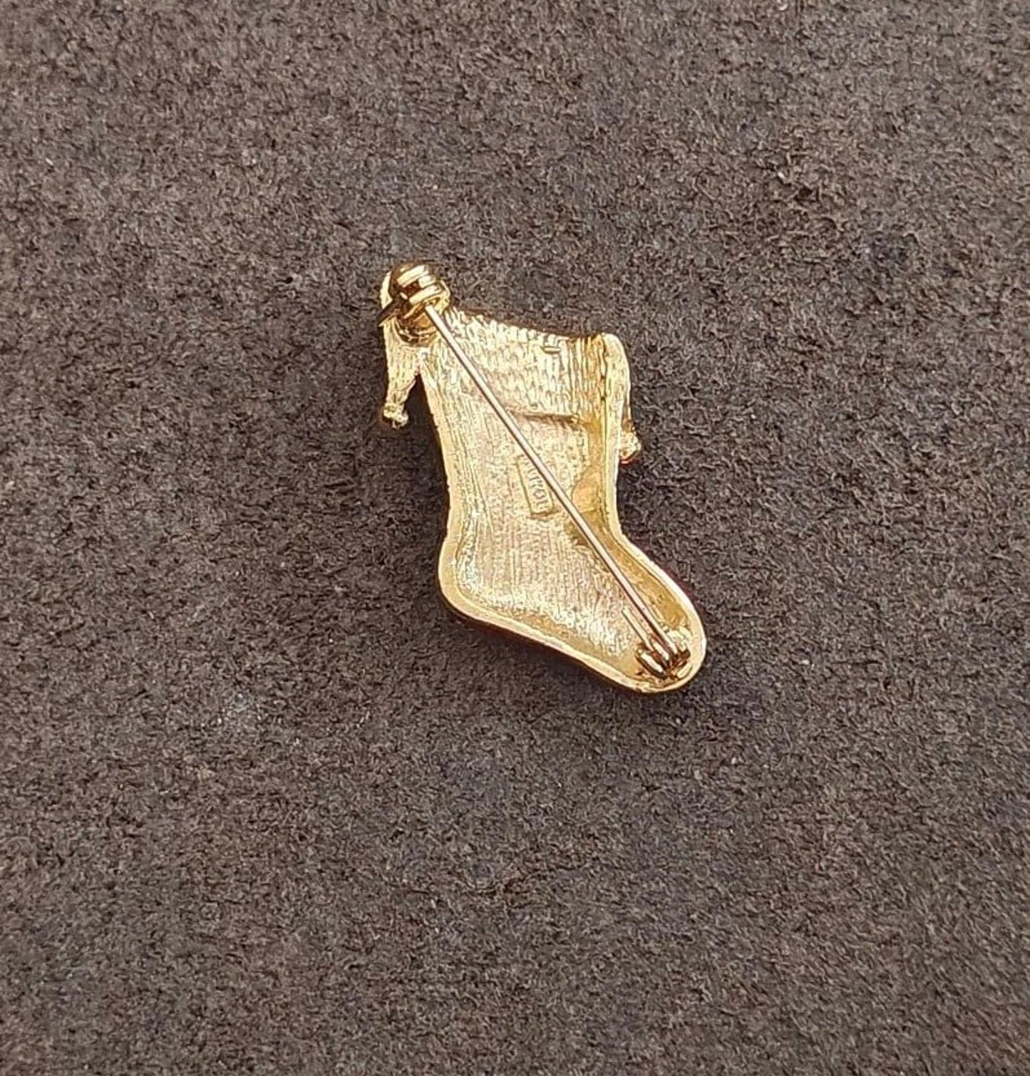 1990's Gold Tone Enamel With Crystal Rhinestones Santa Boot/Stocking Brooch