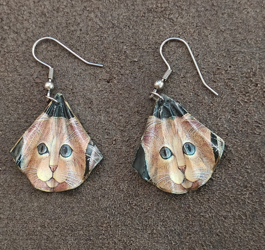 Handmade Cat Face Dangle Earrings Orange Tabby Kitten