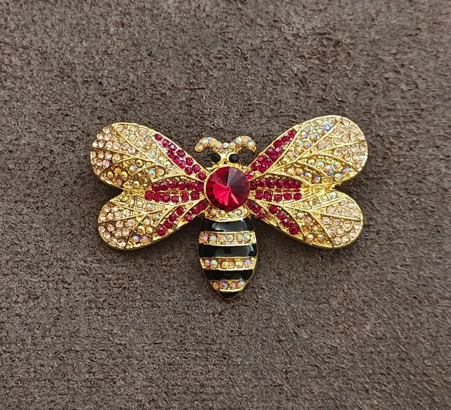 Vintage Bumblebee Style Gold Tone With Sparkling Iridescent and Red Rhinestones Brooch Pin