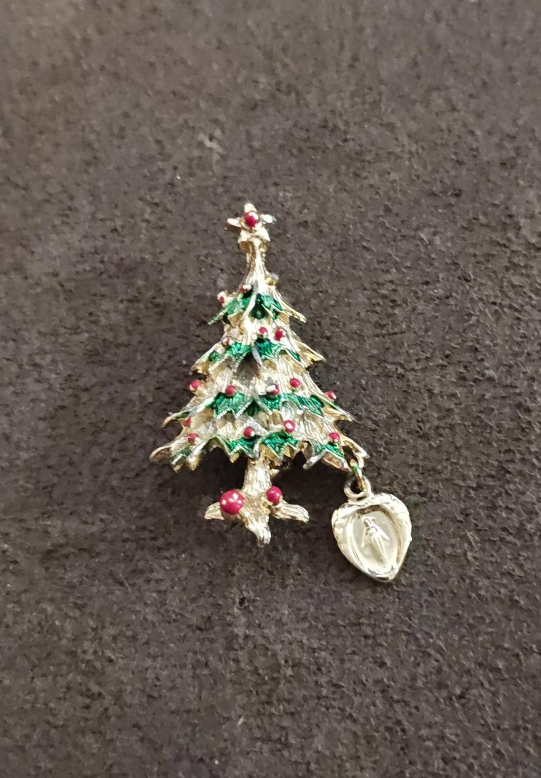 1960s Christmas Tree Brooch Featuring a Dangling Miraculous Medal Charm