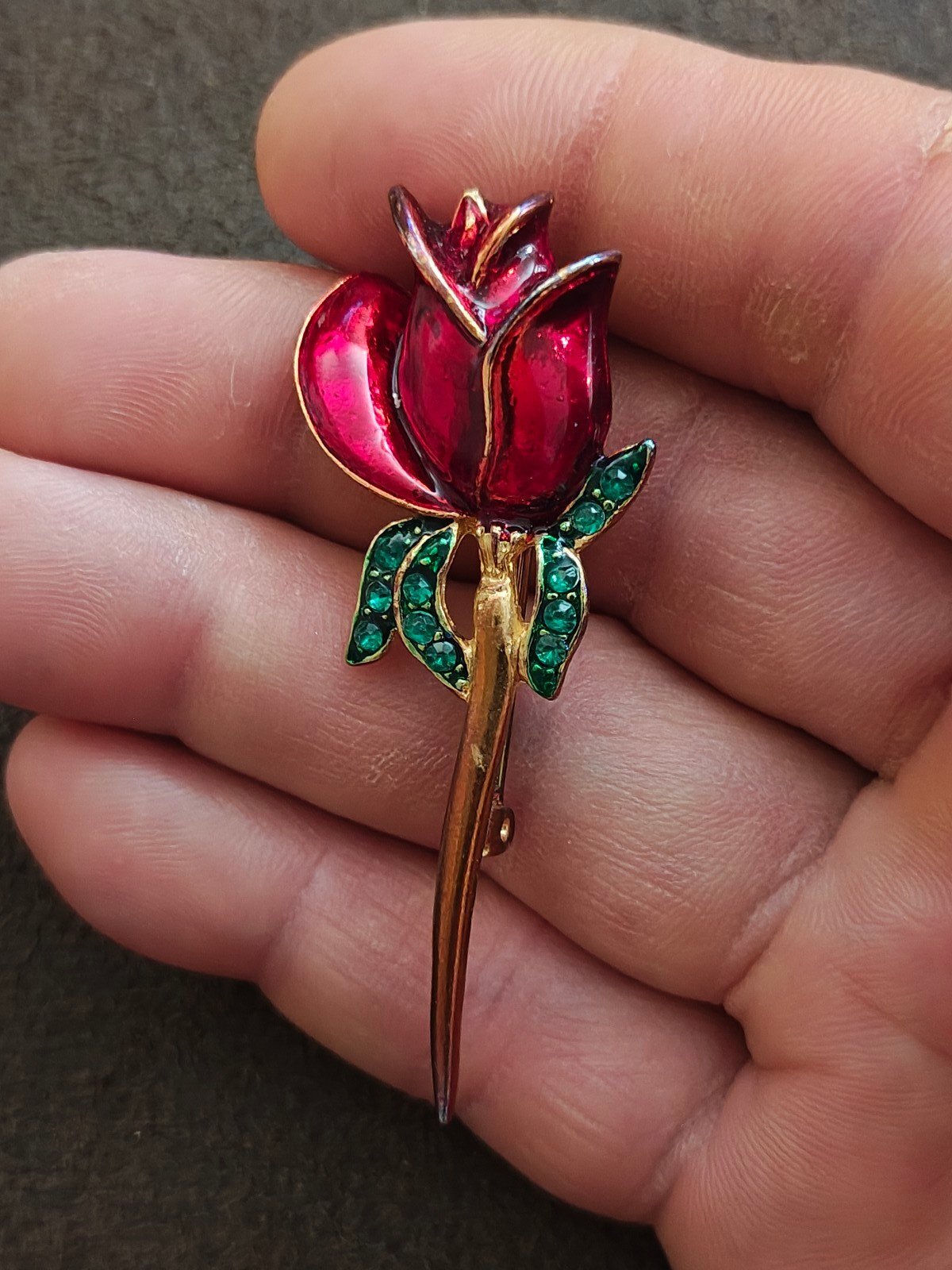 1980s Gold Tone Red Rose Brooch With Green Rhinestones Brooch Pin