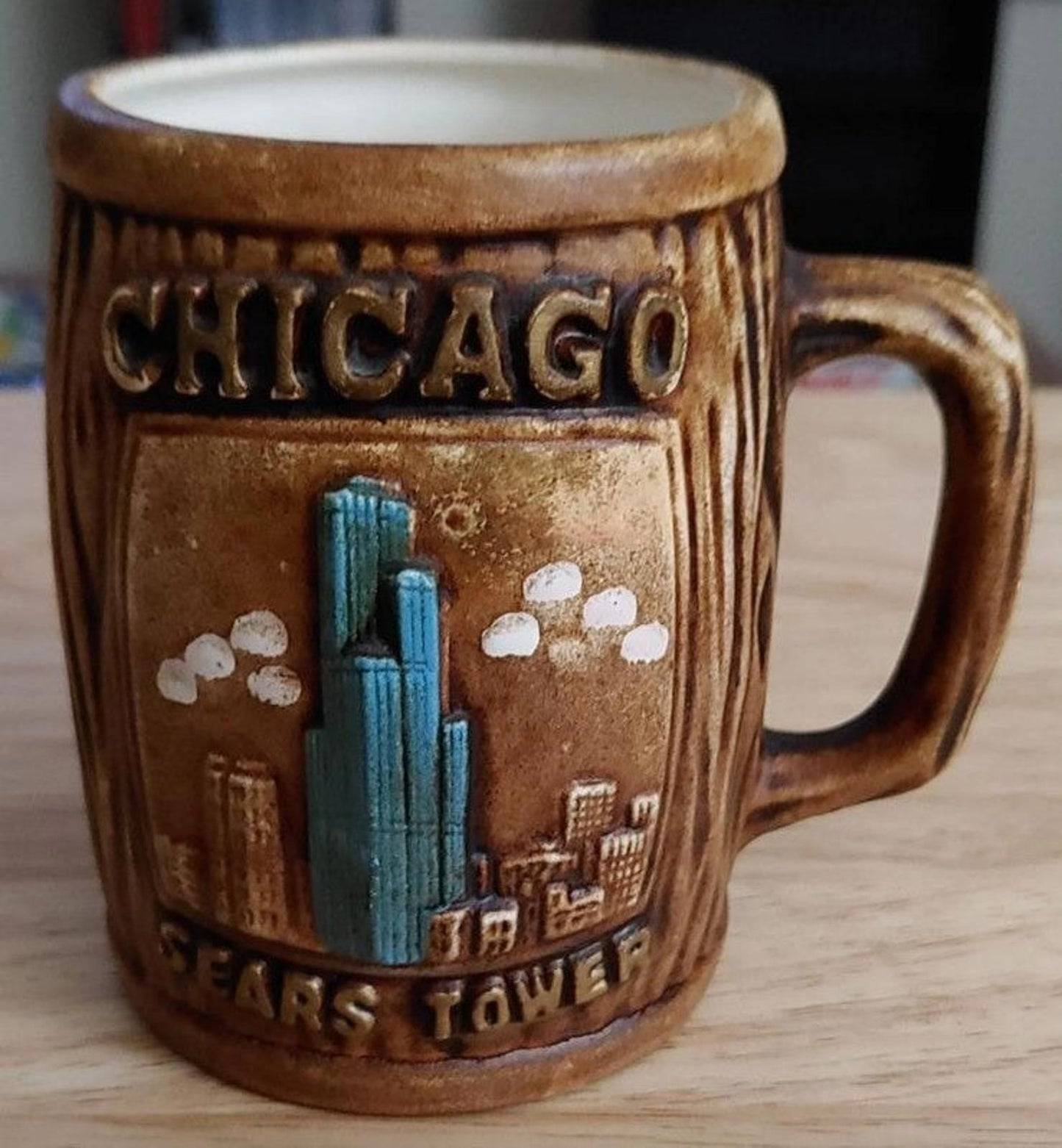 1970's Chicago Sears Tower Embossed Wood Design Souvenir Coffee Mug