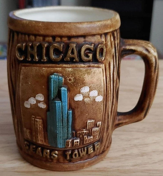 1970's Chicago Sears Tower Embossed Wood Design Souvenir Coffee Mug