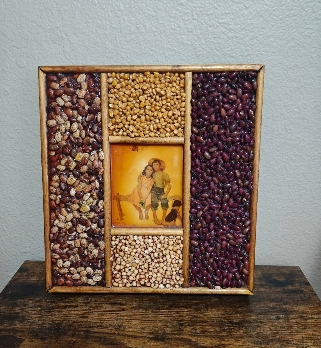 1970s Norman Rockwell Sweet Serenade Print Handmade Seed & Bean Mosaic Shadowbox