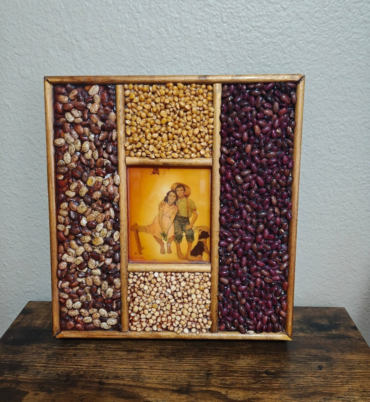 1970s Norman Rockwell Sweet Serenade Print Handmade Seed & Bean Mosaic Shadowbox