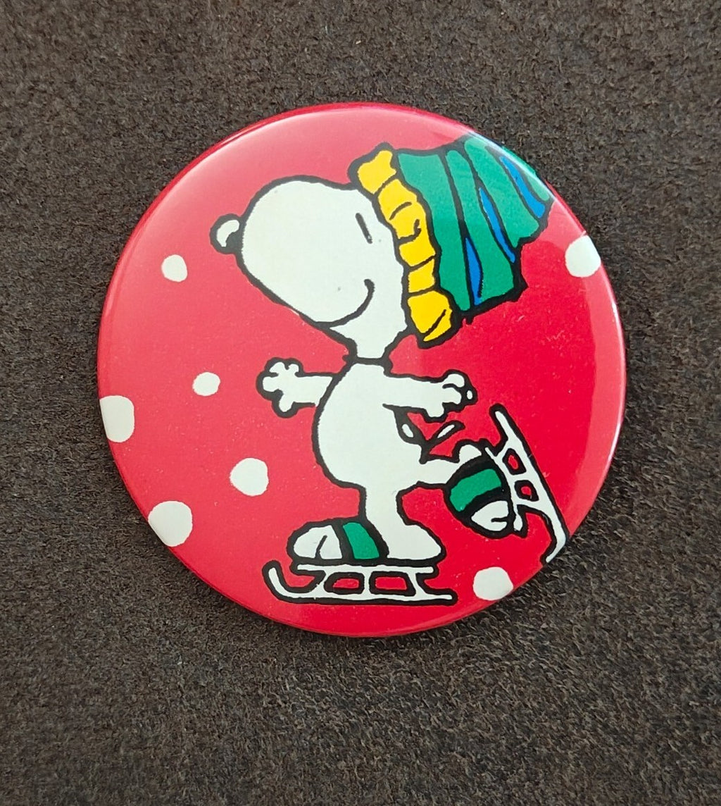 1980s Peanuts Snoopy Ice Skating Holiday Pinback Button