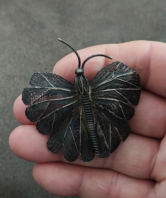 1930s Vintage Silver Tone Filigree Butterfly Brooch Pin