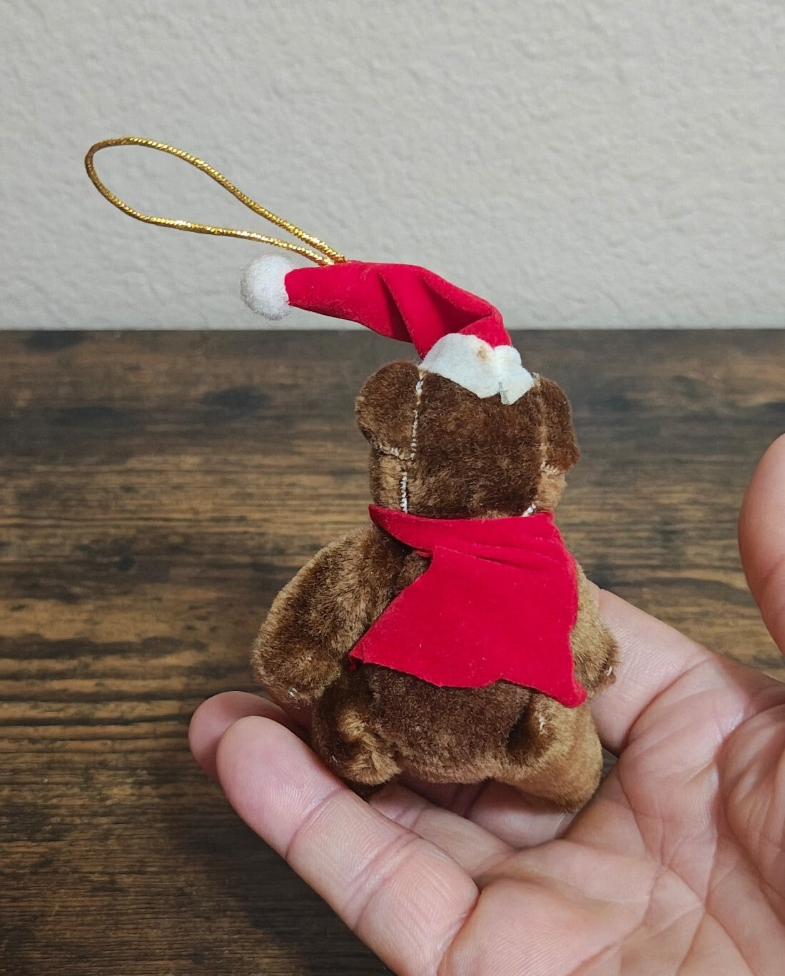 1970s/80s Fuzzy/Flocked Miniature Teddy Bear Christmas Ornament