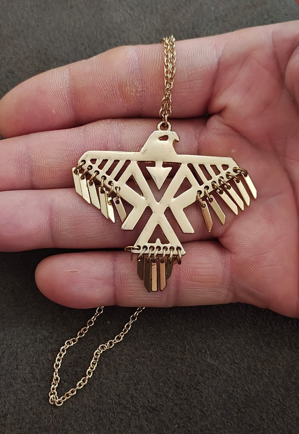 1980s Native American Inspired Geometric Thunderbird Gold Tone Pendant Necklace