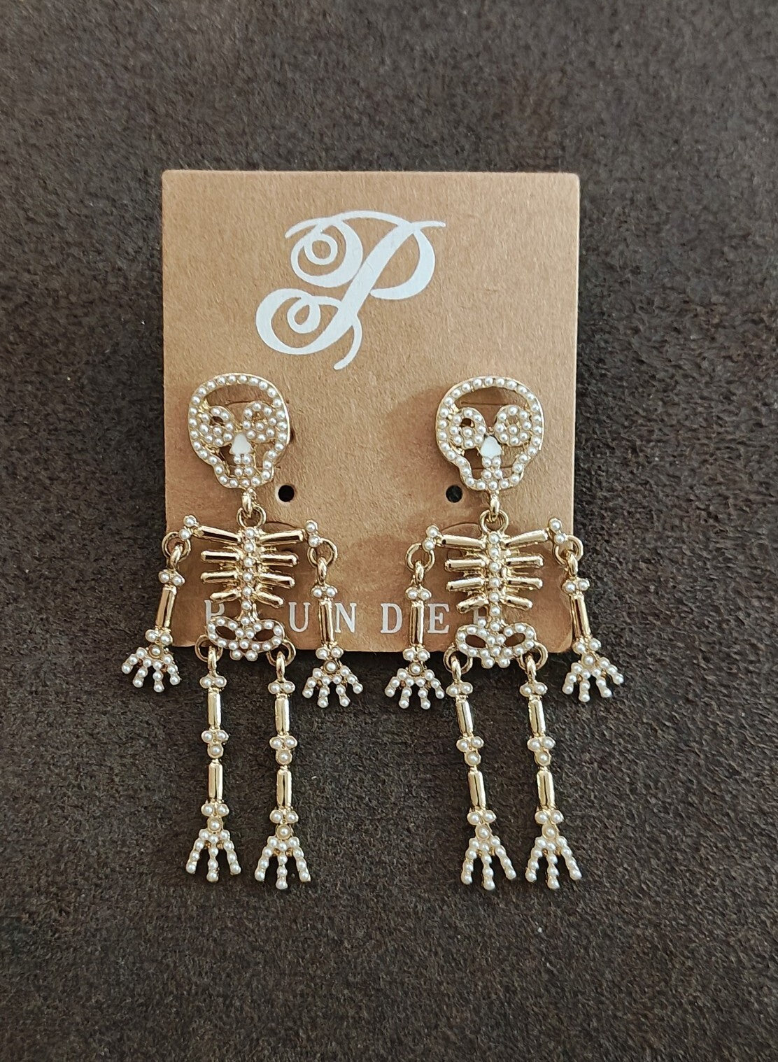 Plunder Design Halloween Pearl Skeleton Statement Gold Tone Earrings