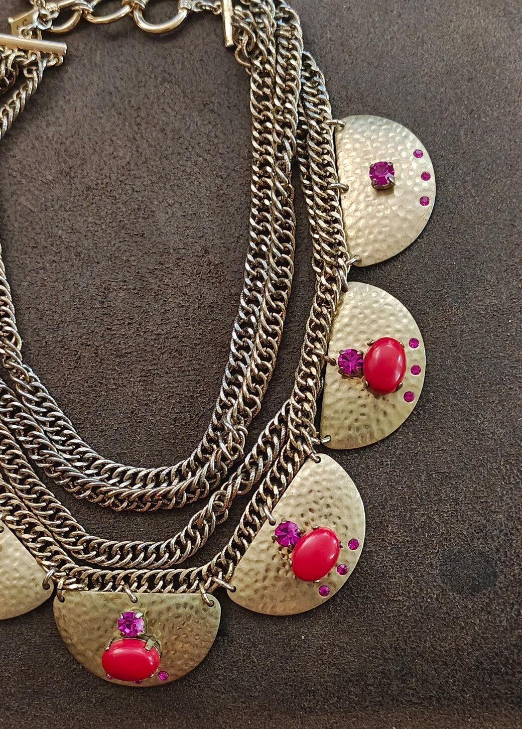 2000s Sequin Gold Tone Rhinestones & Red Stones Statement Necklace