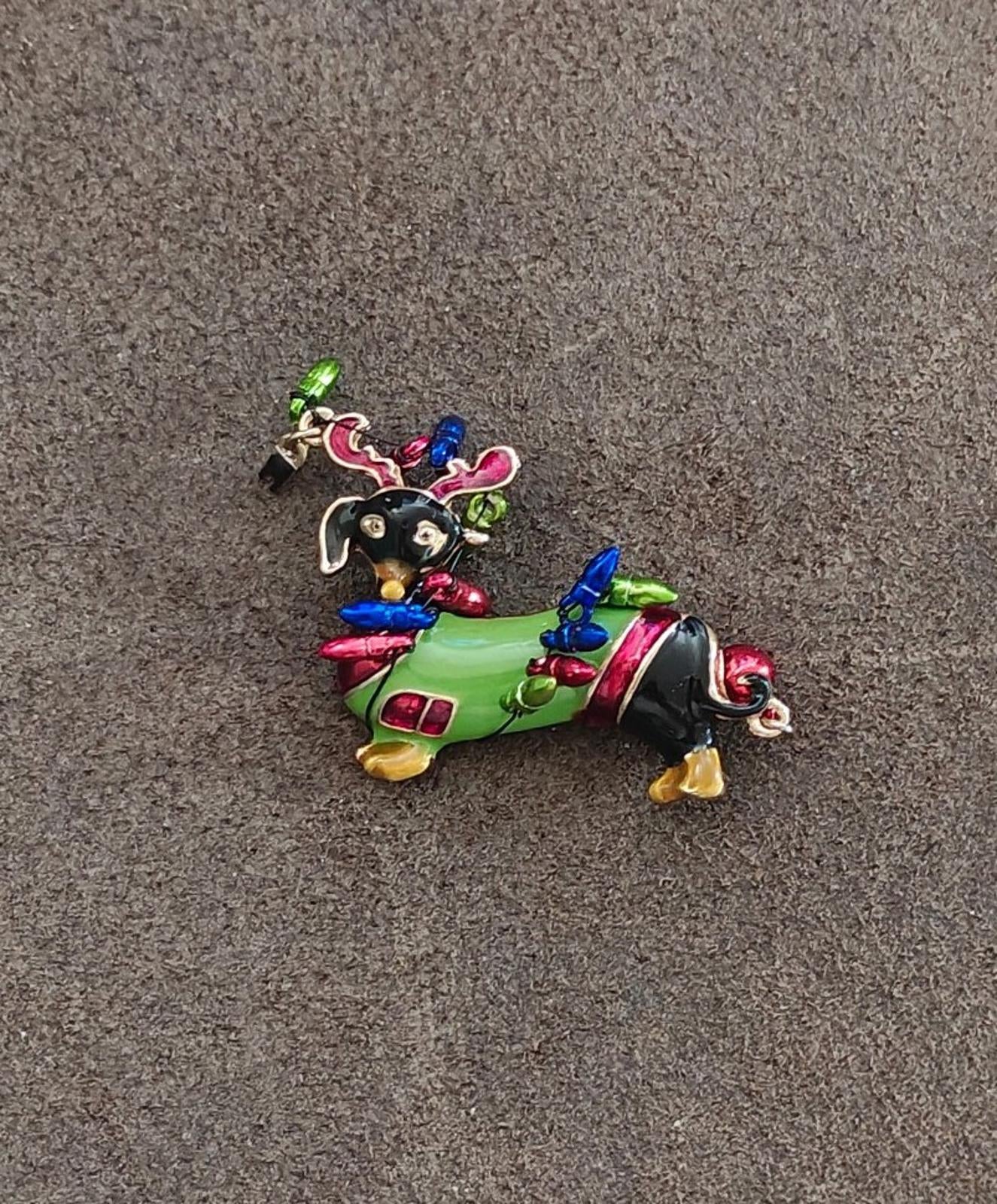 Dachshund Dog Wearing Reindeer Antlers and Wrapped In Colorful Lights Brooch