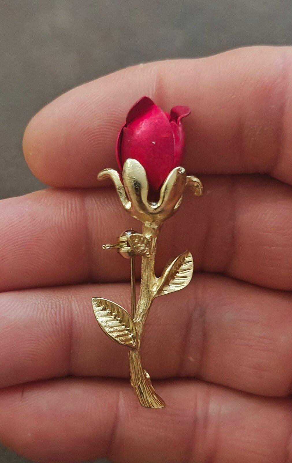 1980s Gold Tone Red Enamel Red Rose Bud With Single Stem Brooch