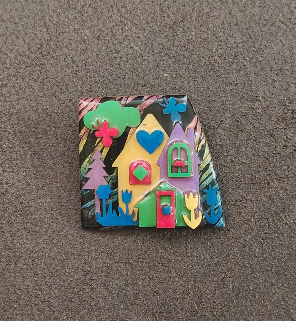 Colorful enamel house design pin, multi-colored doors and windows with trees and flowers