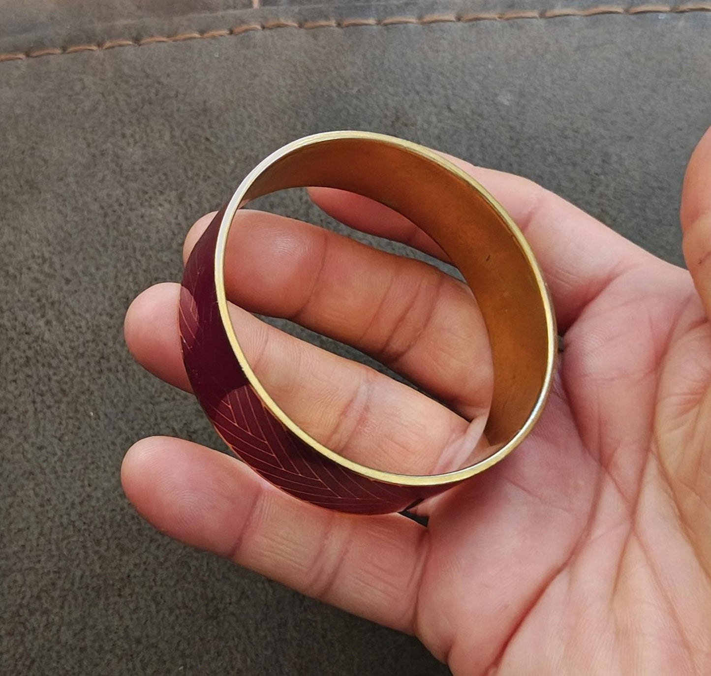 1990s J.Crew Gold Plated With Burgundy Enamel Herringbone Bangle Bracelet