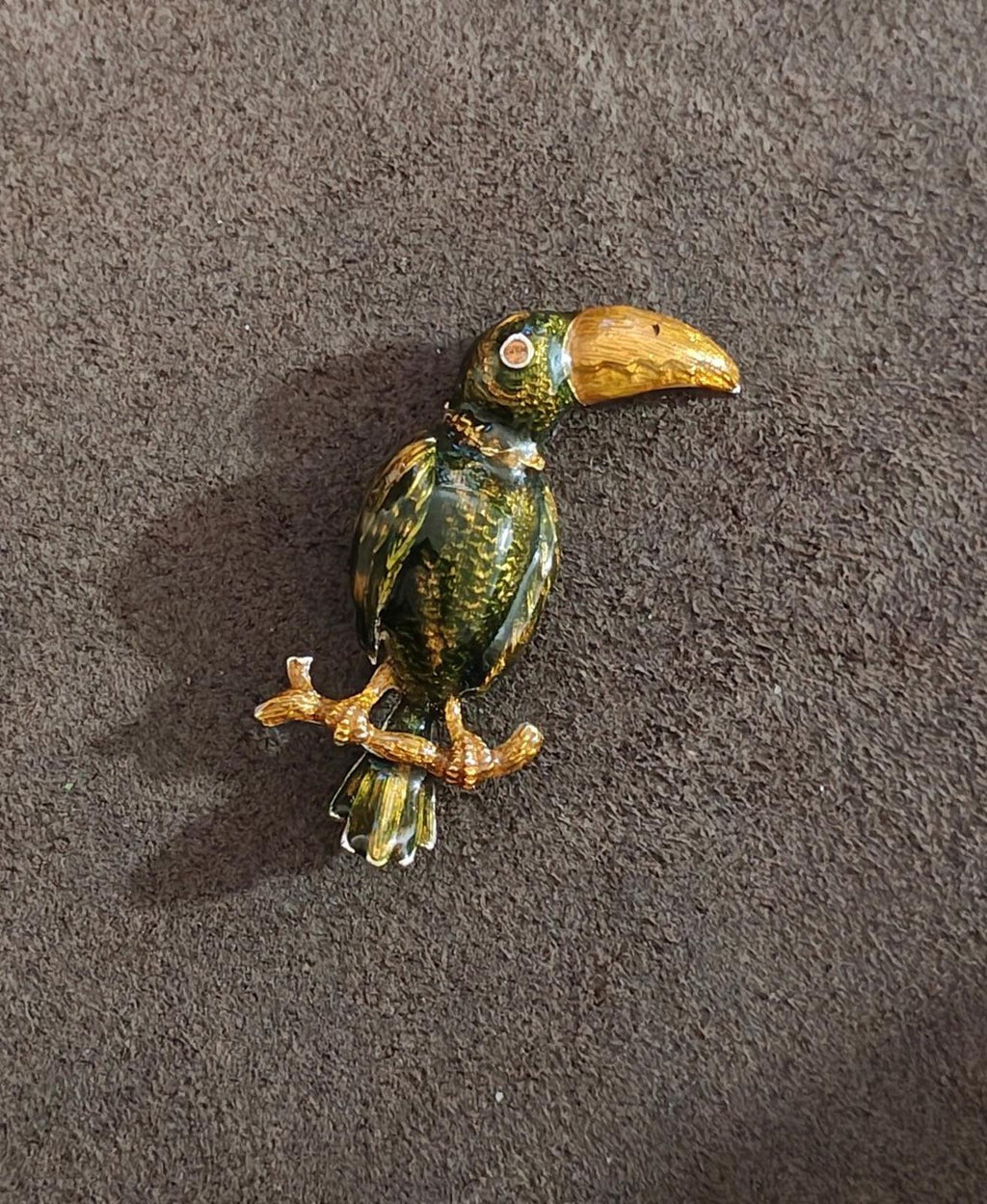 1980's Green And Orange Enamel Toucan Bird With Pink Brooch