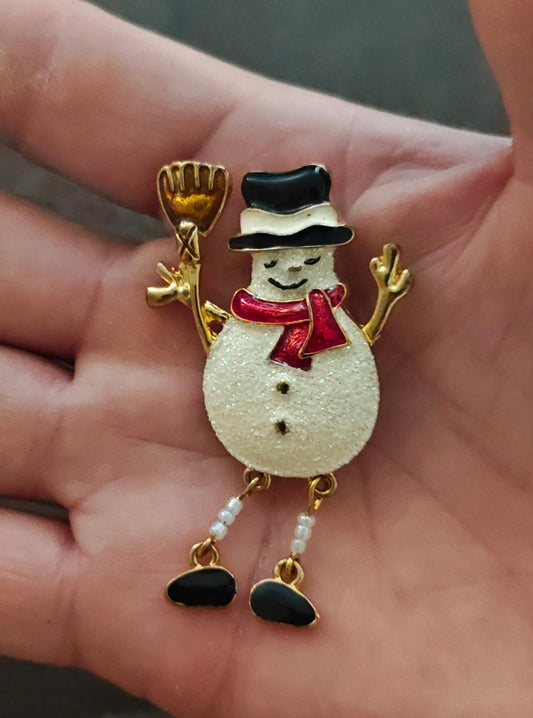 1990s Gold Tone Enamel Snowman Brooch