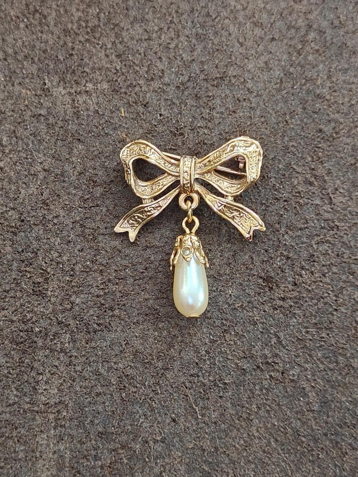 1980s Victorian Revival Embossed Gold Brooch With Dangling Faux Teardrop Pearl