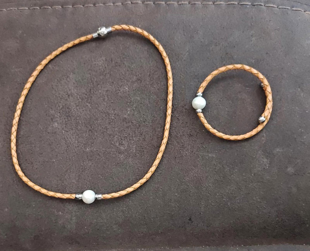 Cultured Freshwater Pearl Imitation Leather Bangle Bracelet & Necklace