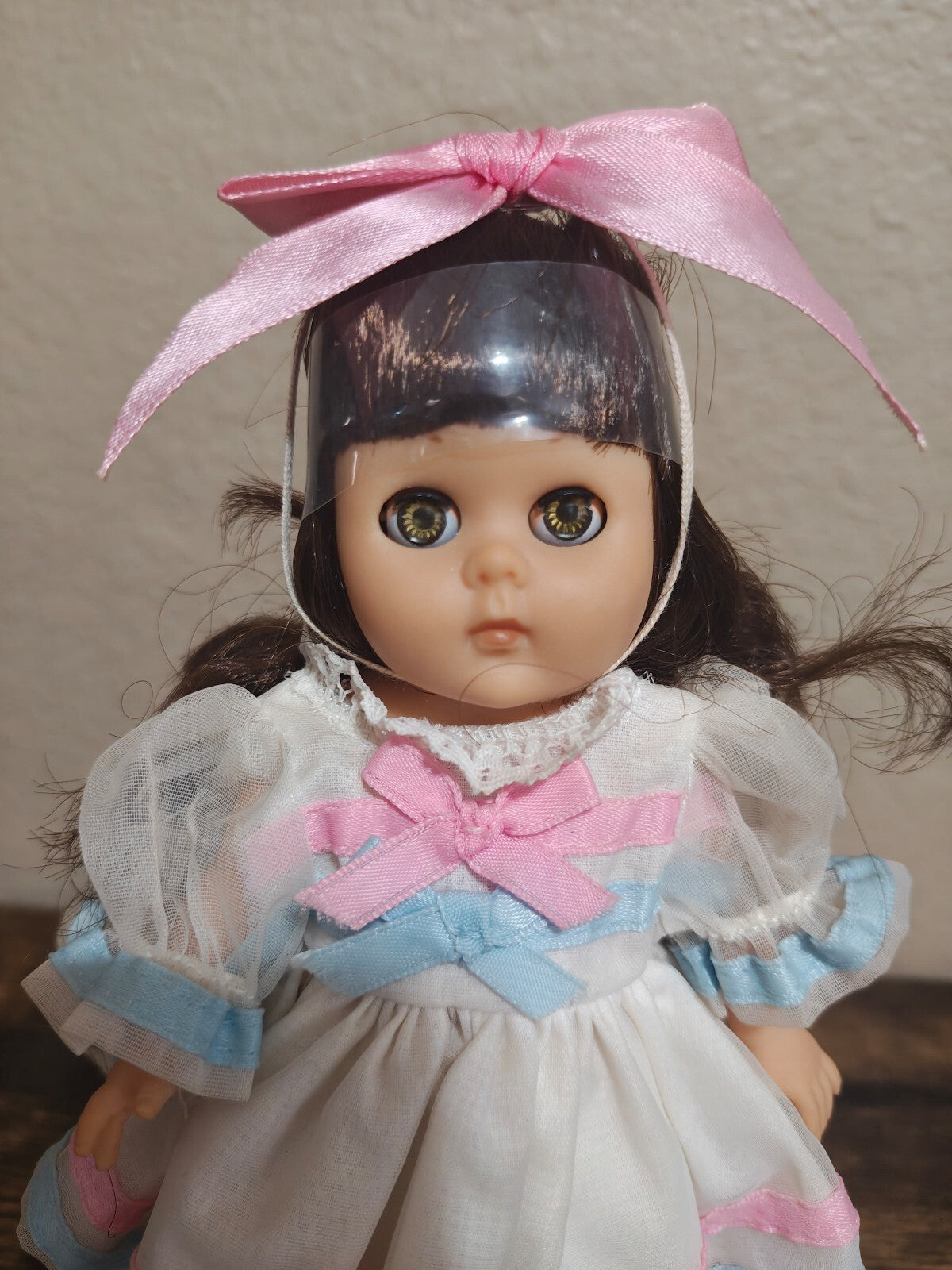 1980s Vogue Ginny Sleepy Eyes Doll in White, Pink & Blue Party Dress