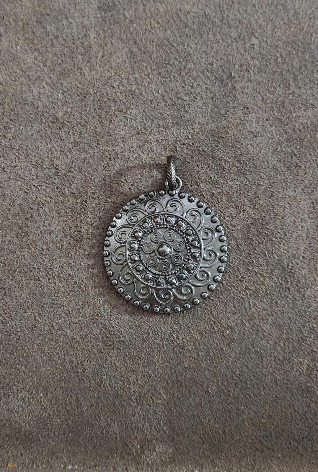1990s Gun Metal Round Floral Design Pendant