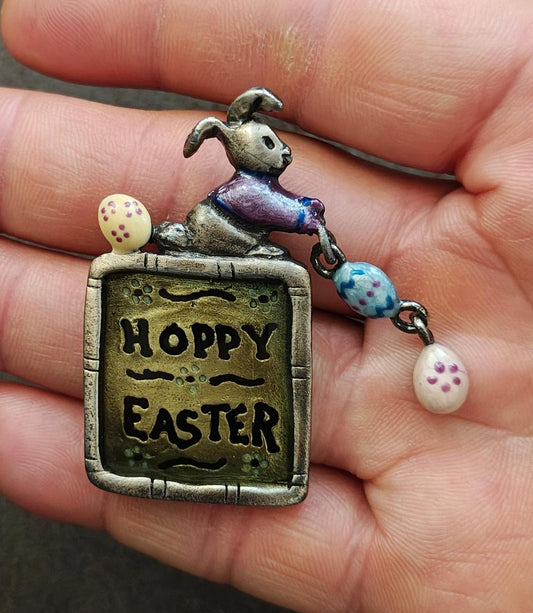 1980s Signed Tanya Creations (TC) "Hoppy Easter" Pewter Brooch Pin