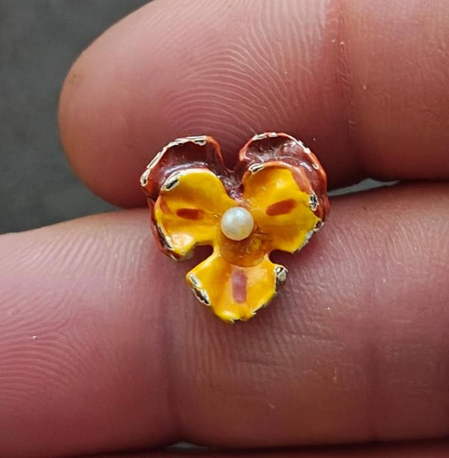 1990s Vintage Orange And Maroon Enamel Small Pansy Brooch With Faux Pearl