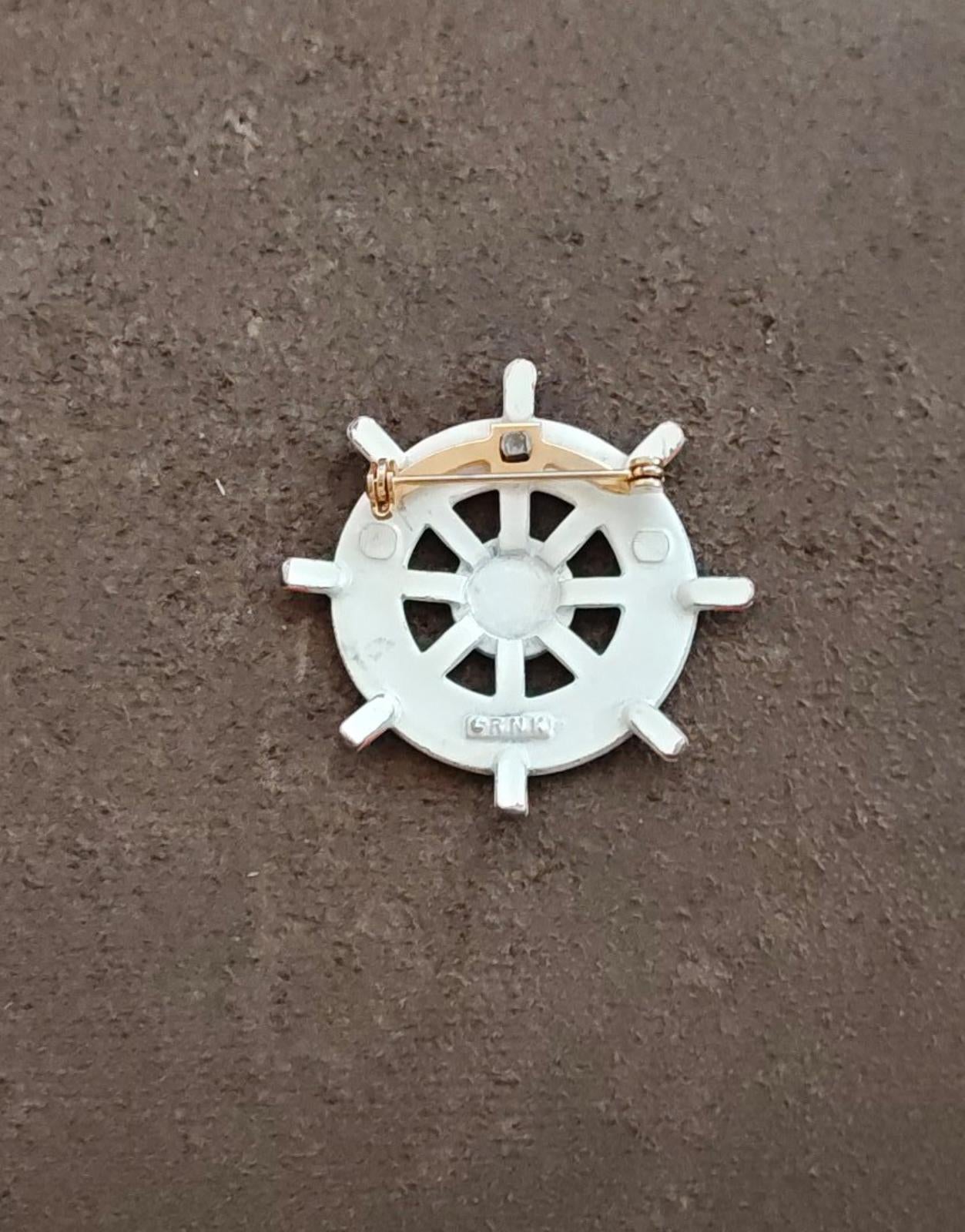 1950s R.N.K. Nautical Red, White and Blue Ship's Wheel Metal Enamel Brooch