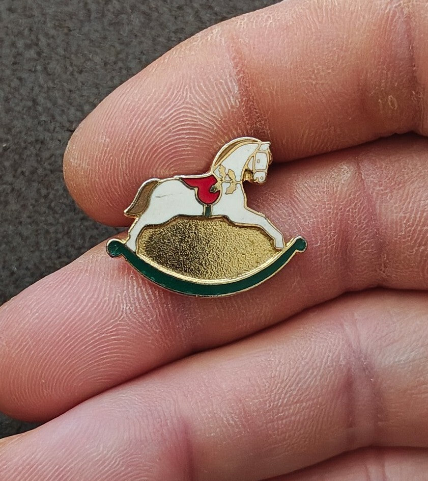 1989 Hallmark Rocking Horse Gold Tone With White, Red & Green Enamel Pin
