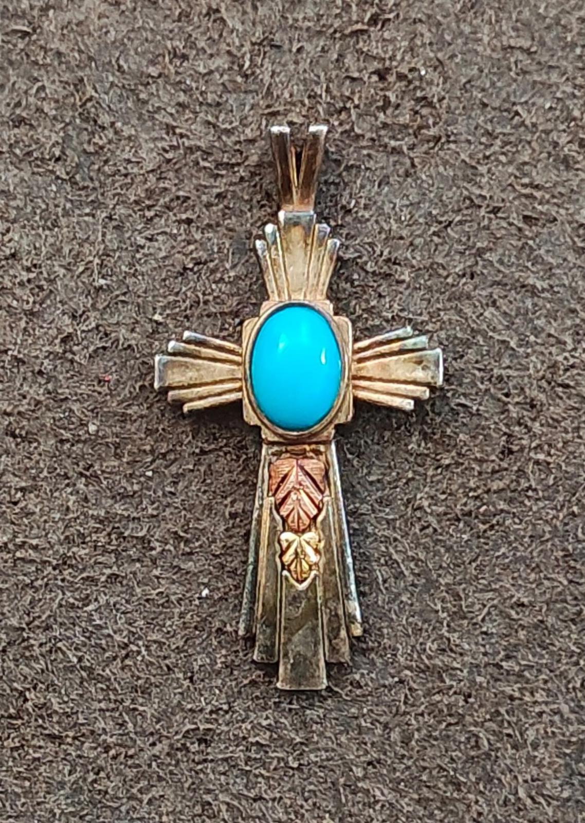 80s Coleman Co. Black Hills 12 Kt Gold & Sterling Silver Turquoise Cross Pendant