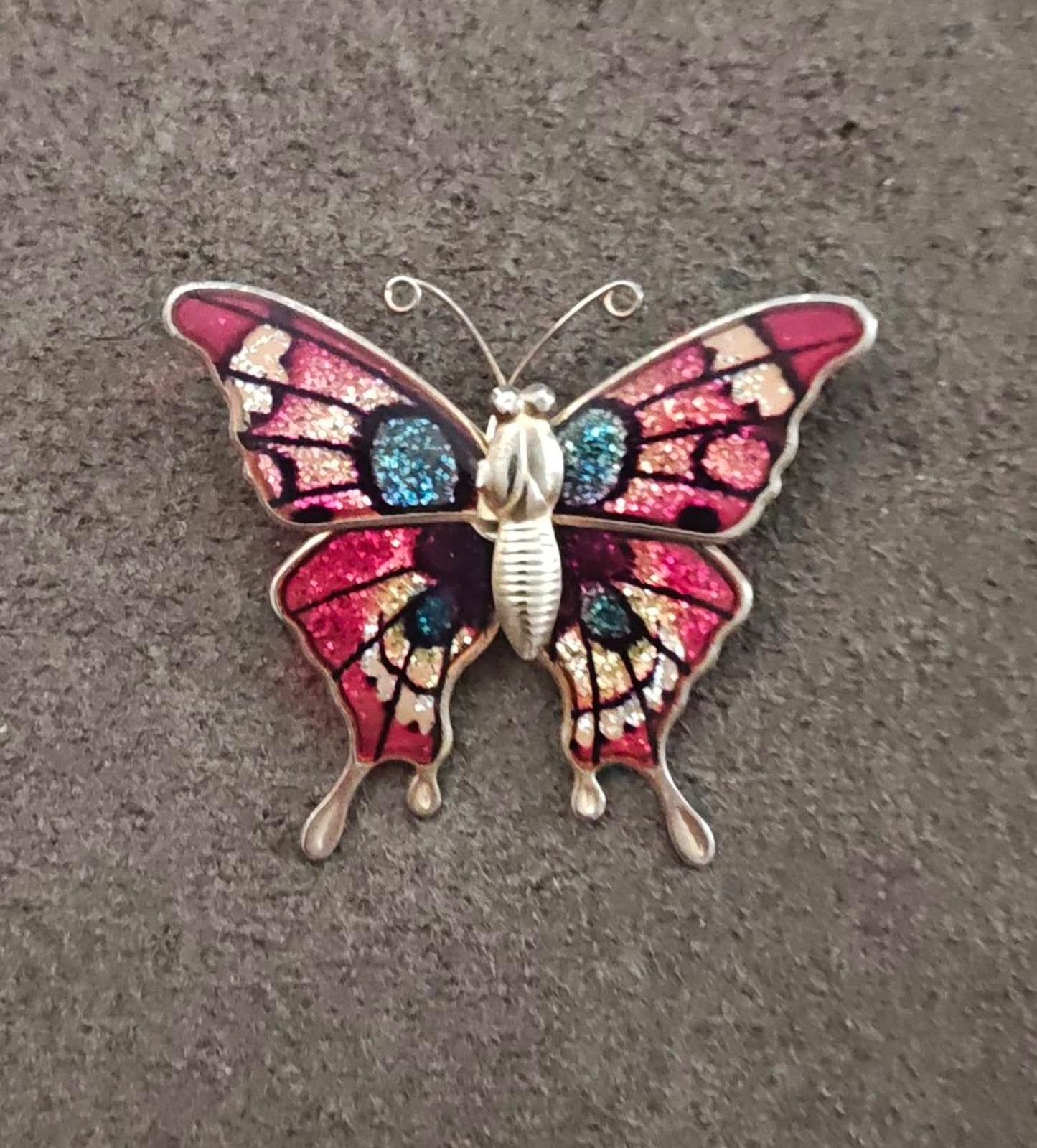 1970s Gold Tone Butterfly With Enamel & Glitter Accents Brooch
