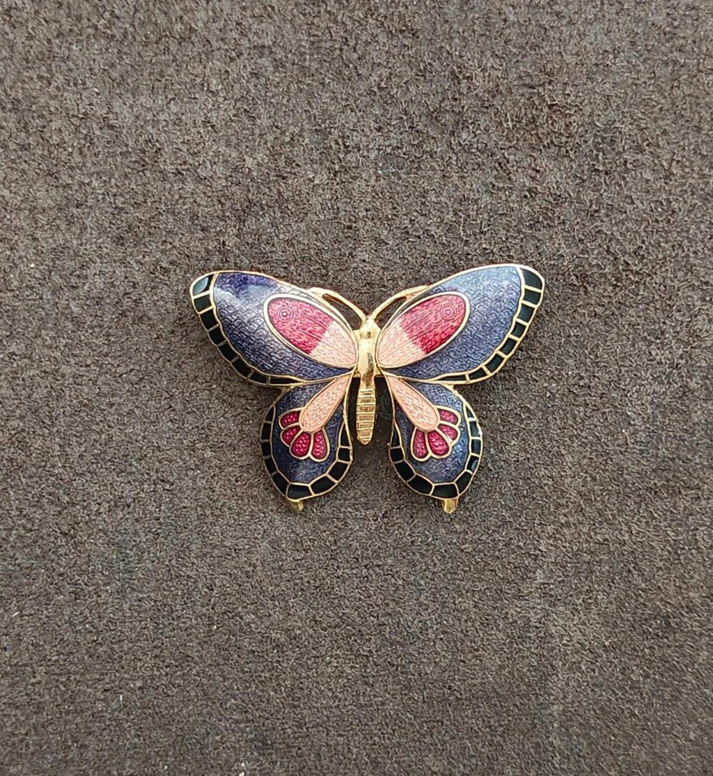 Cloisonné enamel butterfly gold-tone brooch with purple and pink wings