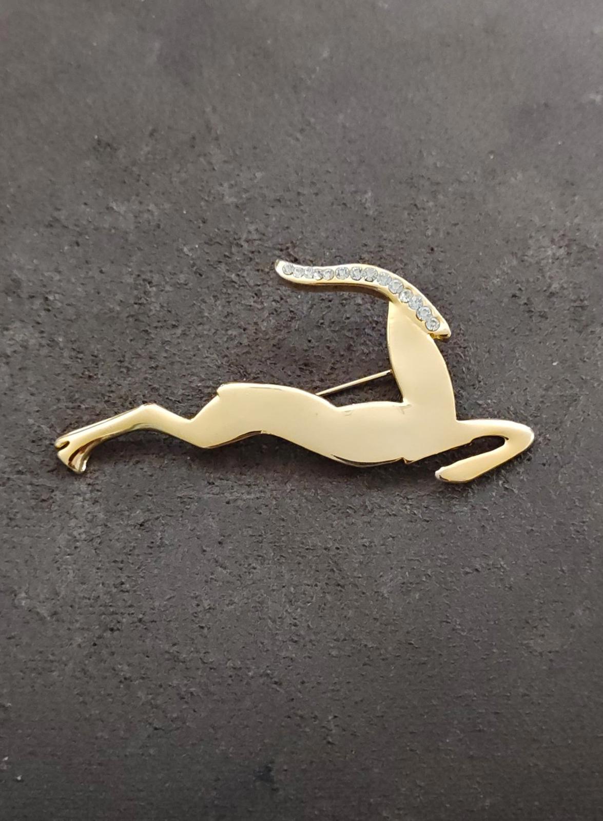 80s Large Gold Tone Leaping Gazelle or Impala With Sparking Rhinestones Brooch