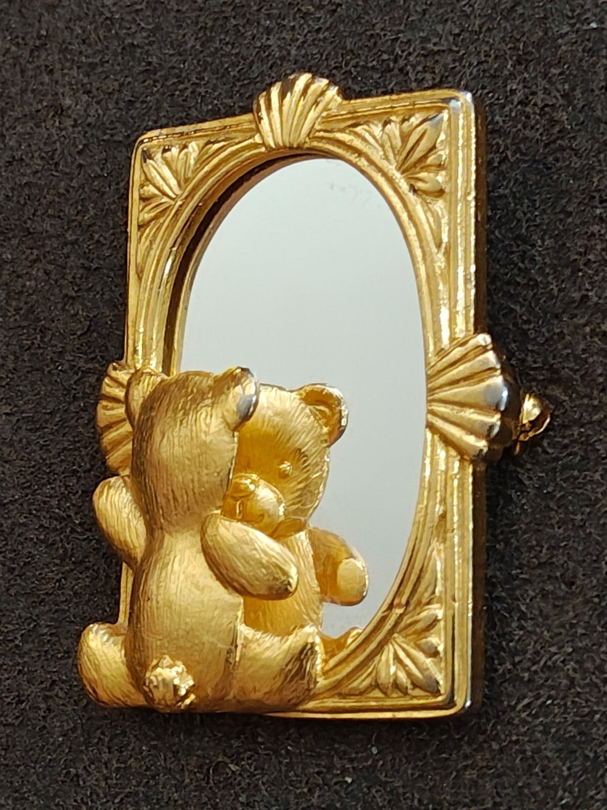 1980s Signed JJ Teddy Bear Looking In Mirror Gold-Tone Brooch Pin