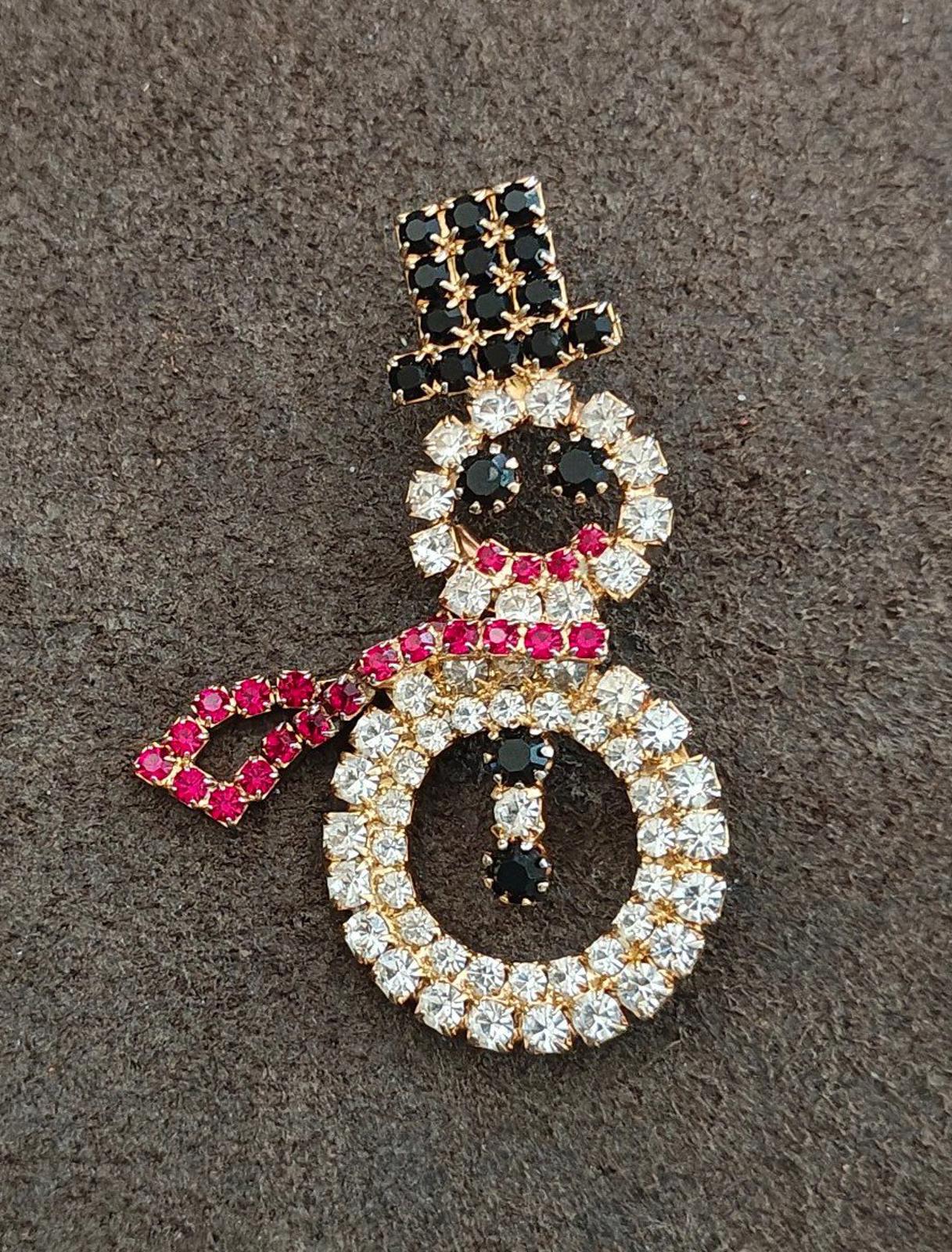 1990s Gold Tone With Red, Black and Clear Rhinestones Snowman Brooch