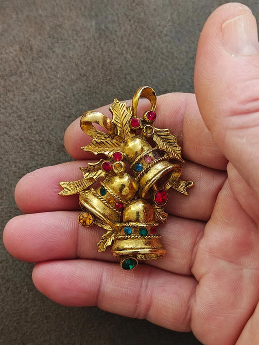1970s Beatrix Gold Tone With Rhinestones Christmas Bell Brooch.