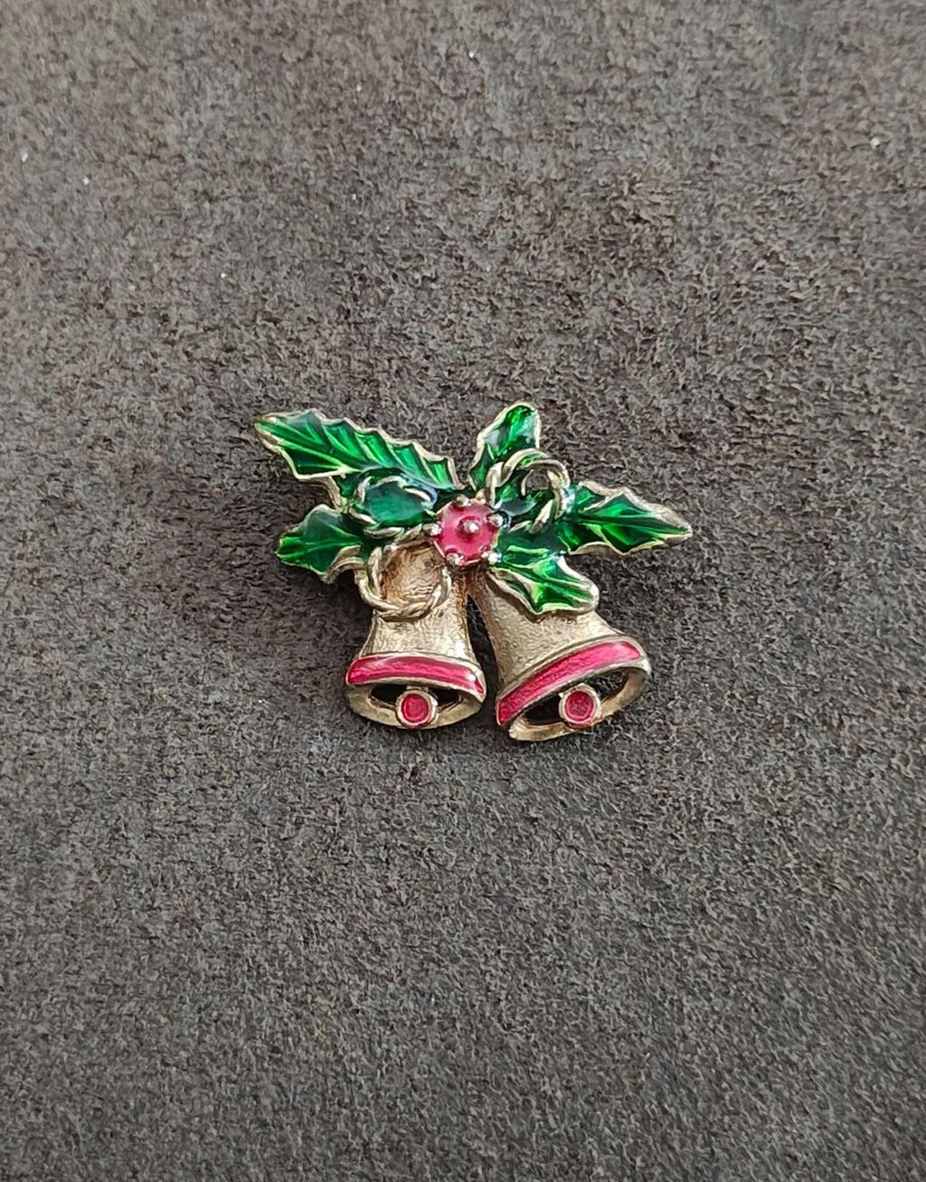 Christmas bell enamel brooch with green leaves and red berries, gold-tone bell pair