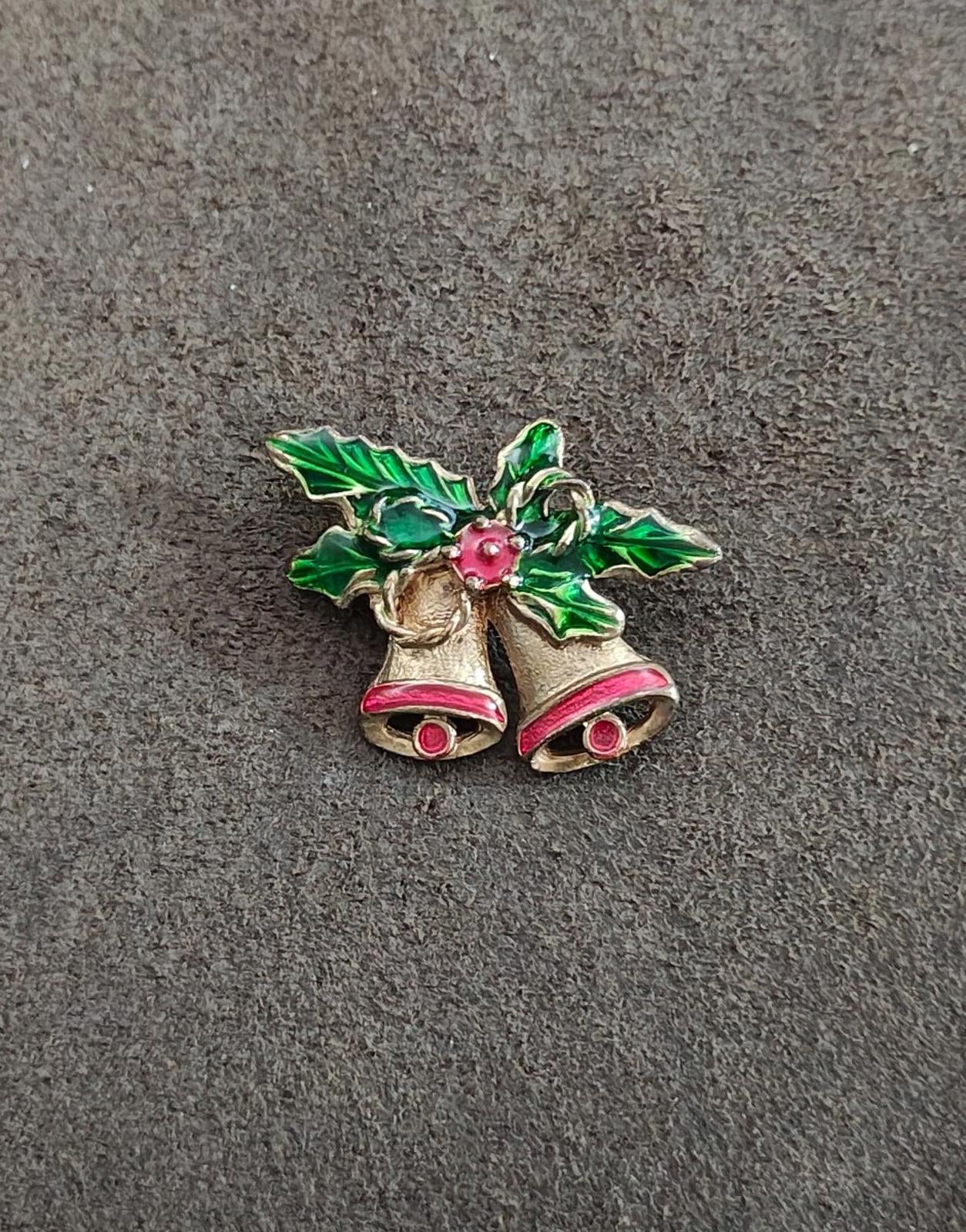 1970s Gold Tone Enamel Christmas Bells Brooch Pin